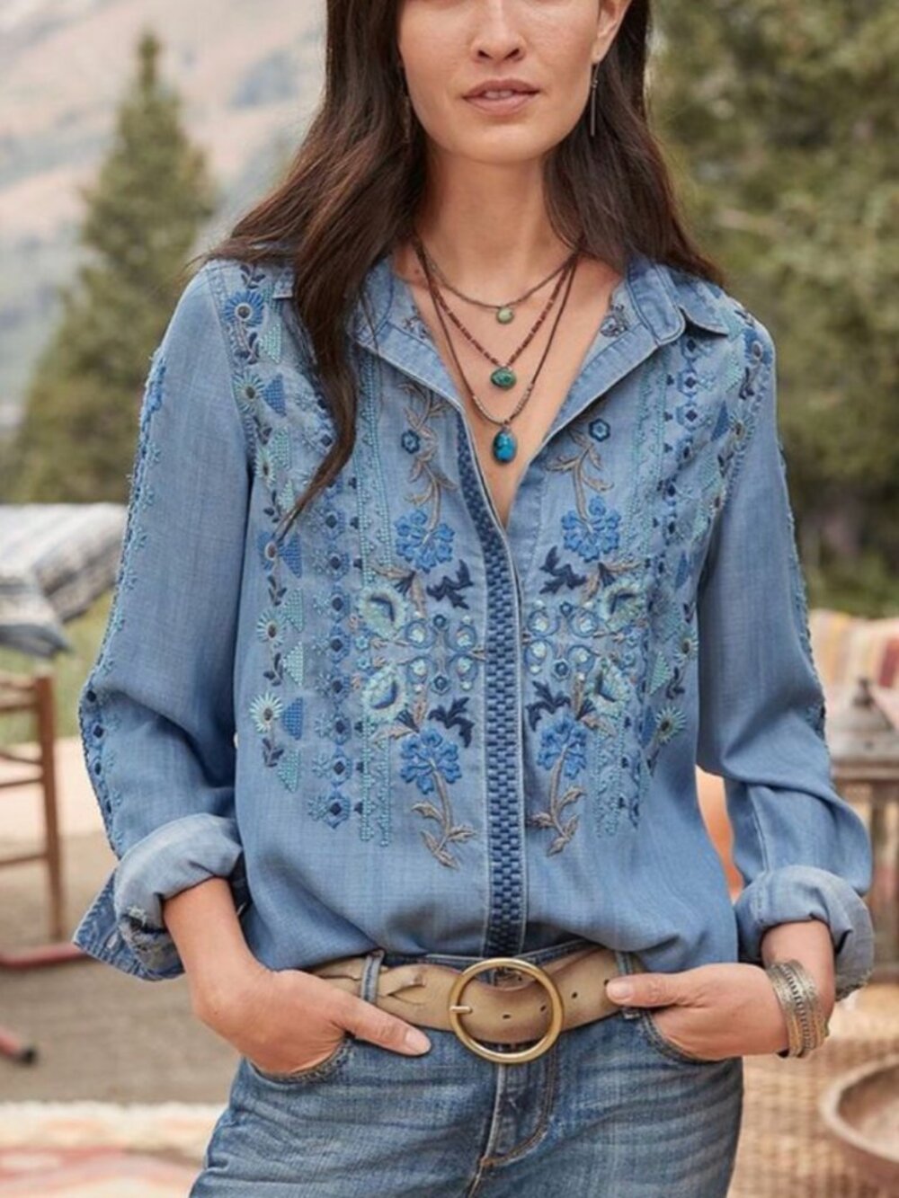Driftwood Lana Chambray Shirt S Blue Floral Embroidered Tencel Boho Western